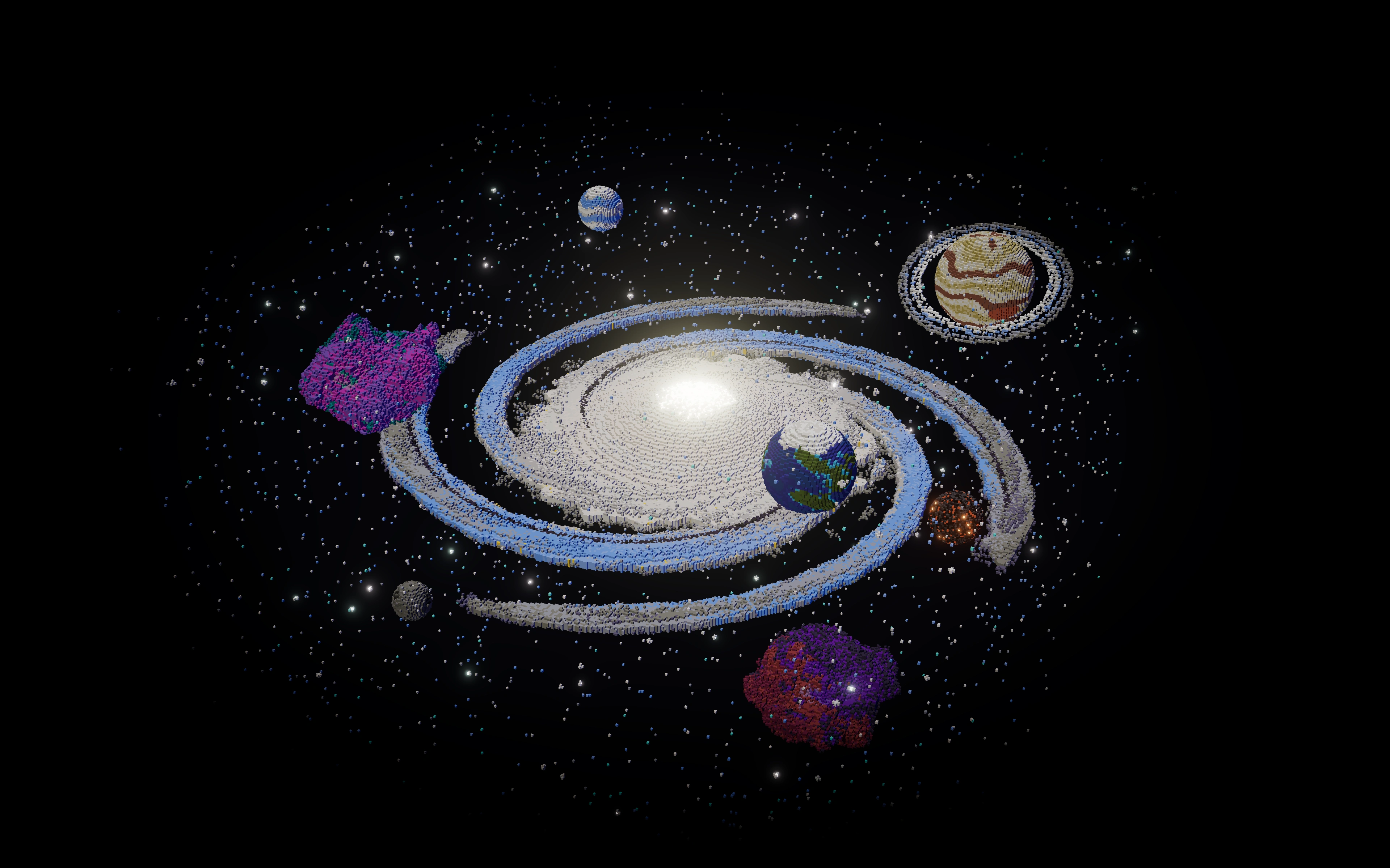 A volumetric Minecraft universe with a white spiral galaxy, blue dust lanes, a ringed gas giant, a blue-green planet, coloured nebulae, and a surrounding three-dimensional star field
