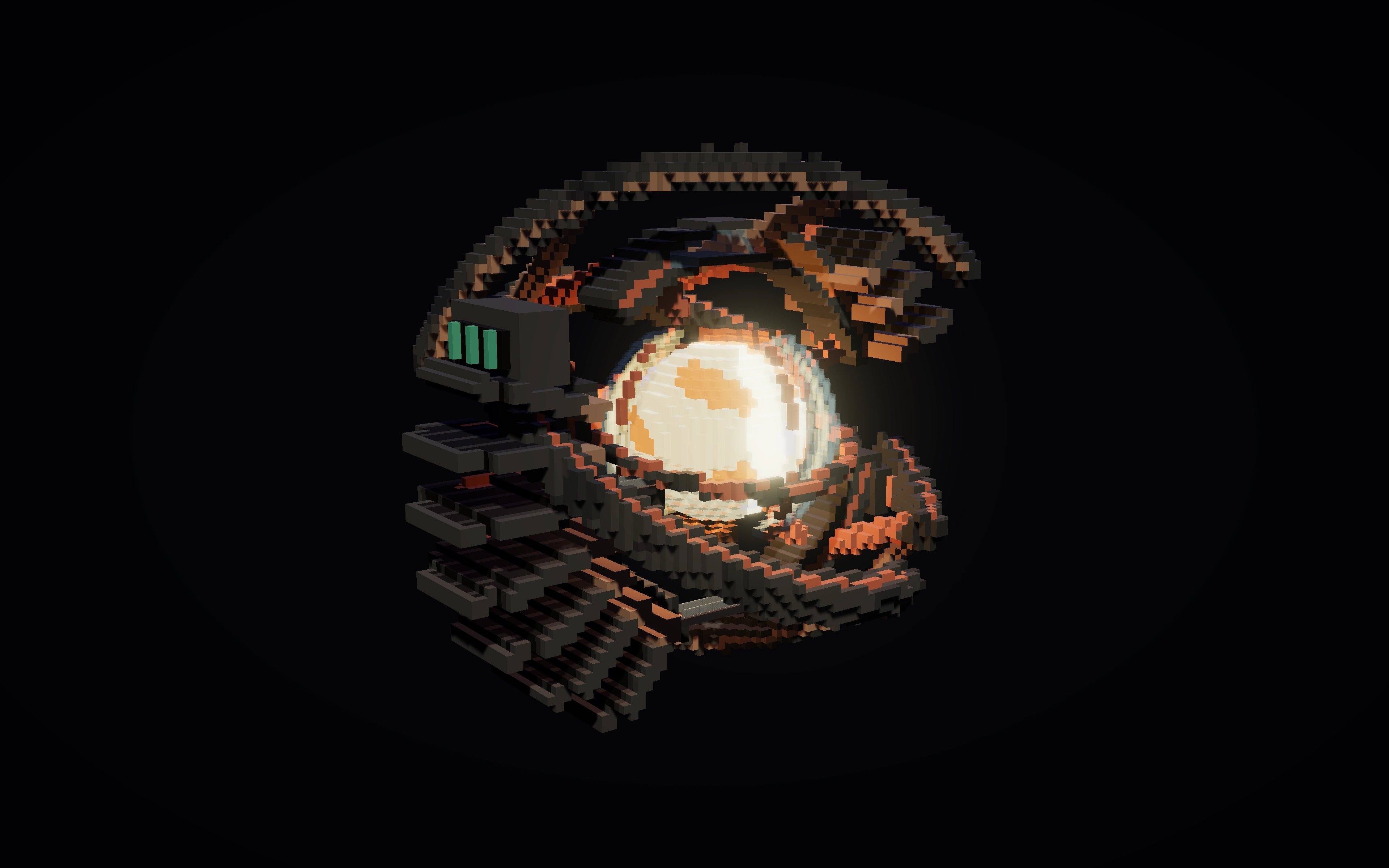 A floating Minecraft sculpture with broken copper rings, layered dark fins, glass, and a bright amber core visible through the open frame