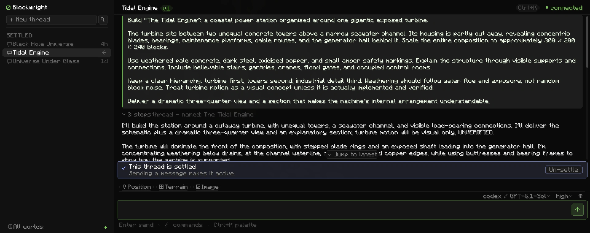 Blockwright’s actual Minecraft studio showing the Tidal Engine brief and the agent’s design response.