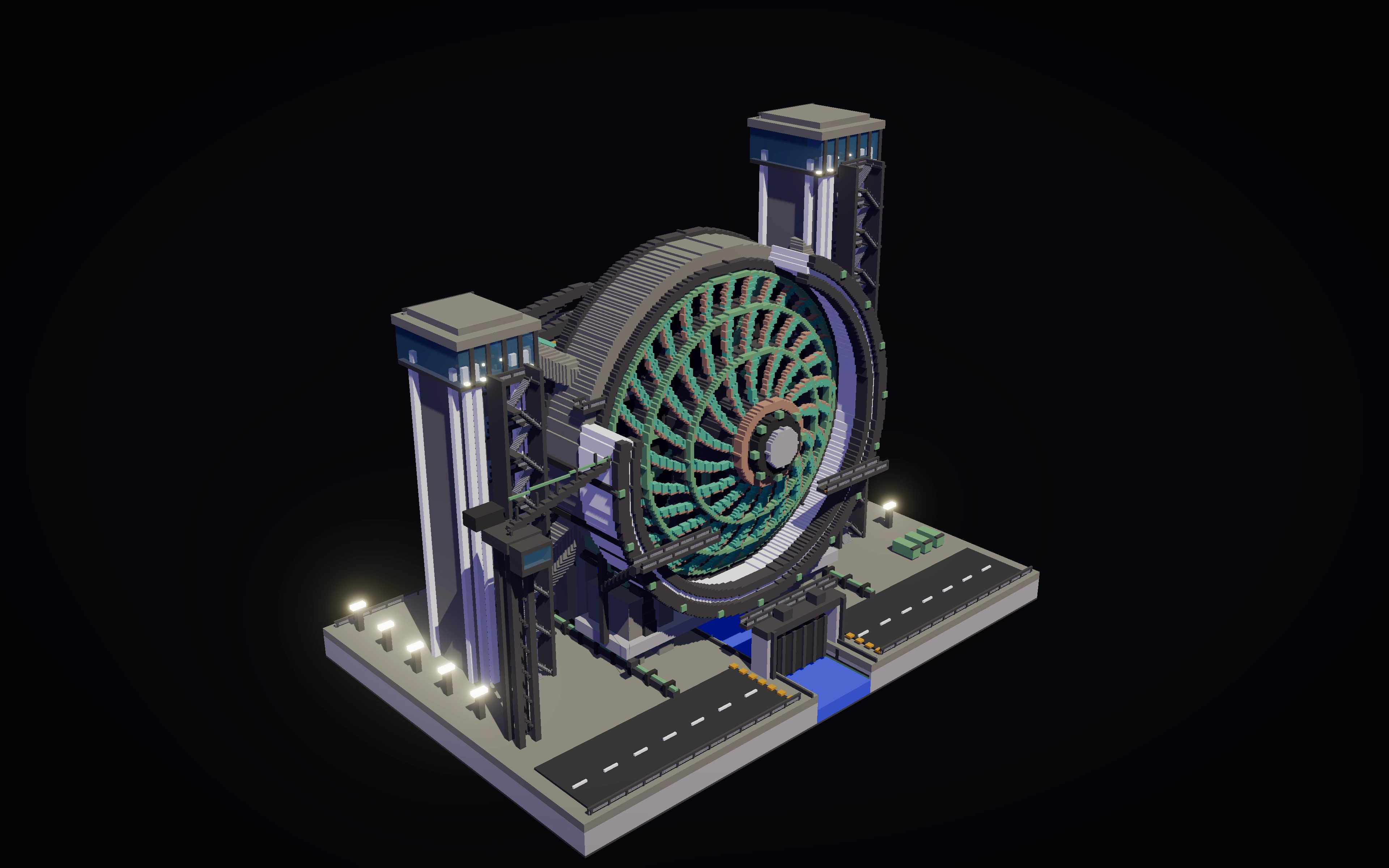 An angled render of the Tidal Engine Minecraft schematic: a layered copper-and-prismarine rotor between two unequal towers, with bridges, stairs, and illuminated walkways