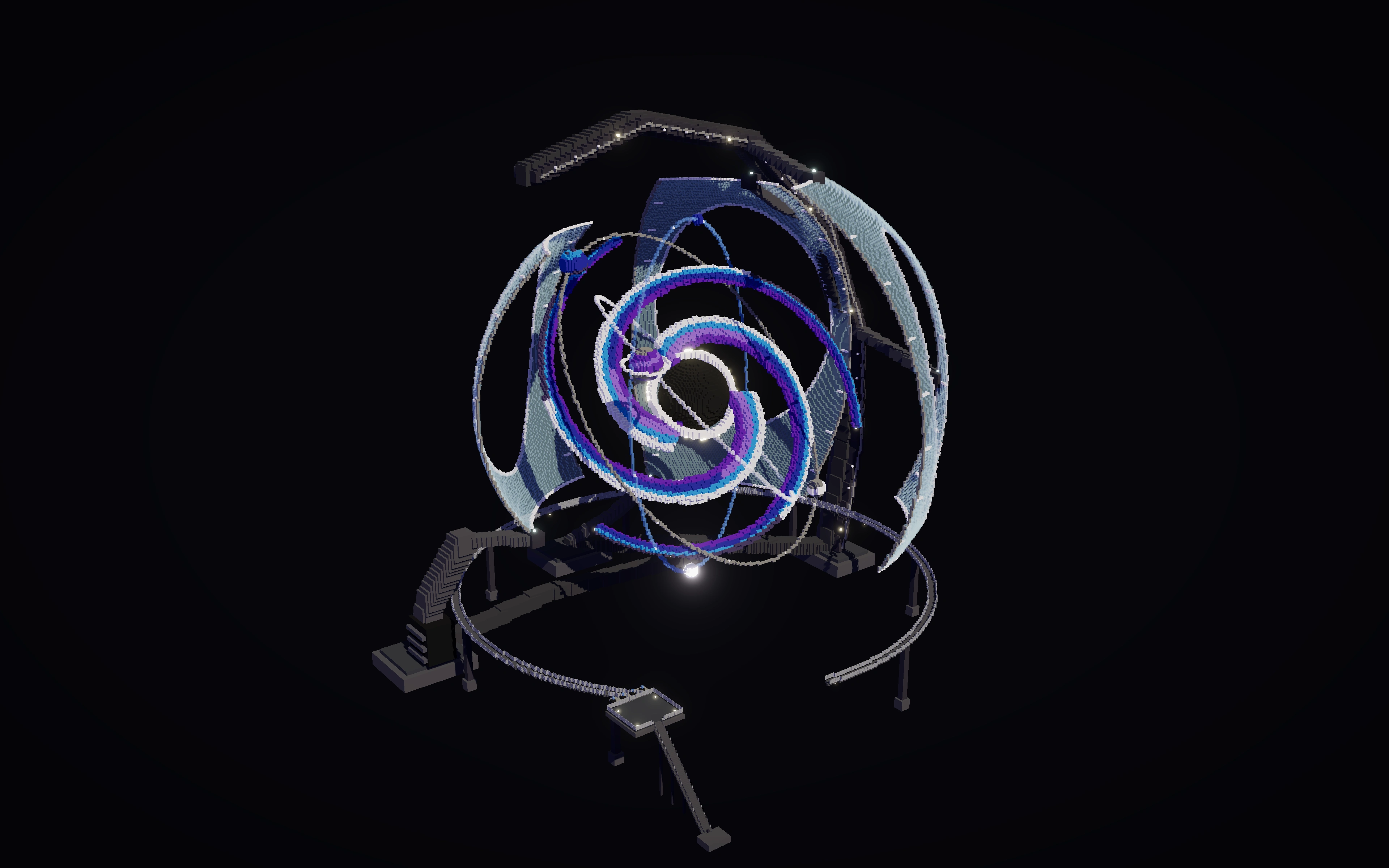 A three-dimensional Minecraft universe sculpture, with cutaway glass shells, blue and purple spiral arms, intersecting orbital rings, and a raised viewing walkway