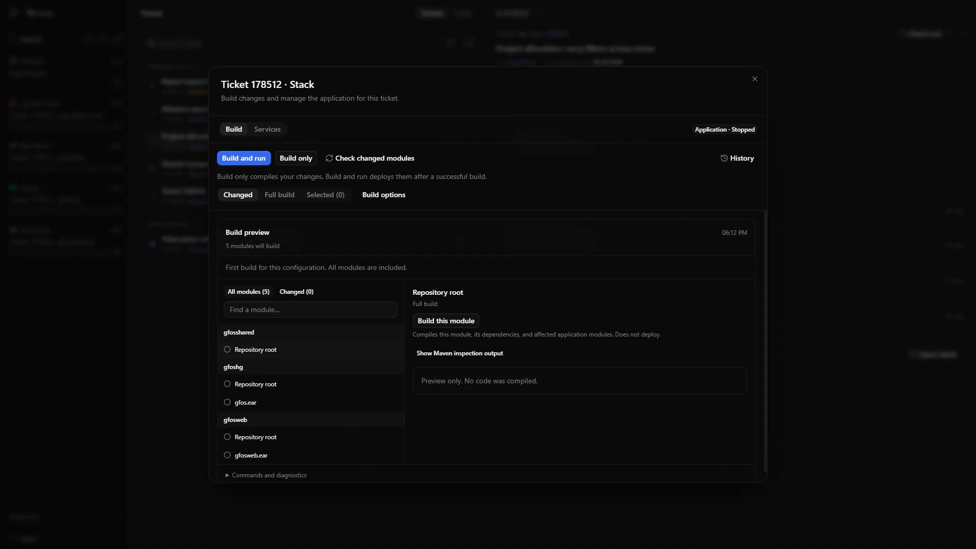 GFOS Code Build preview showing five modules across three Java repositories, module selection, and separate build-only and build-and-run actions