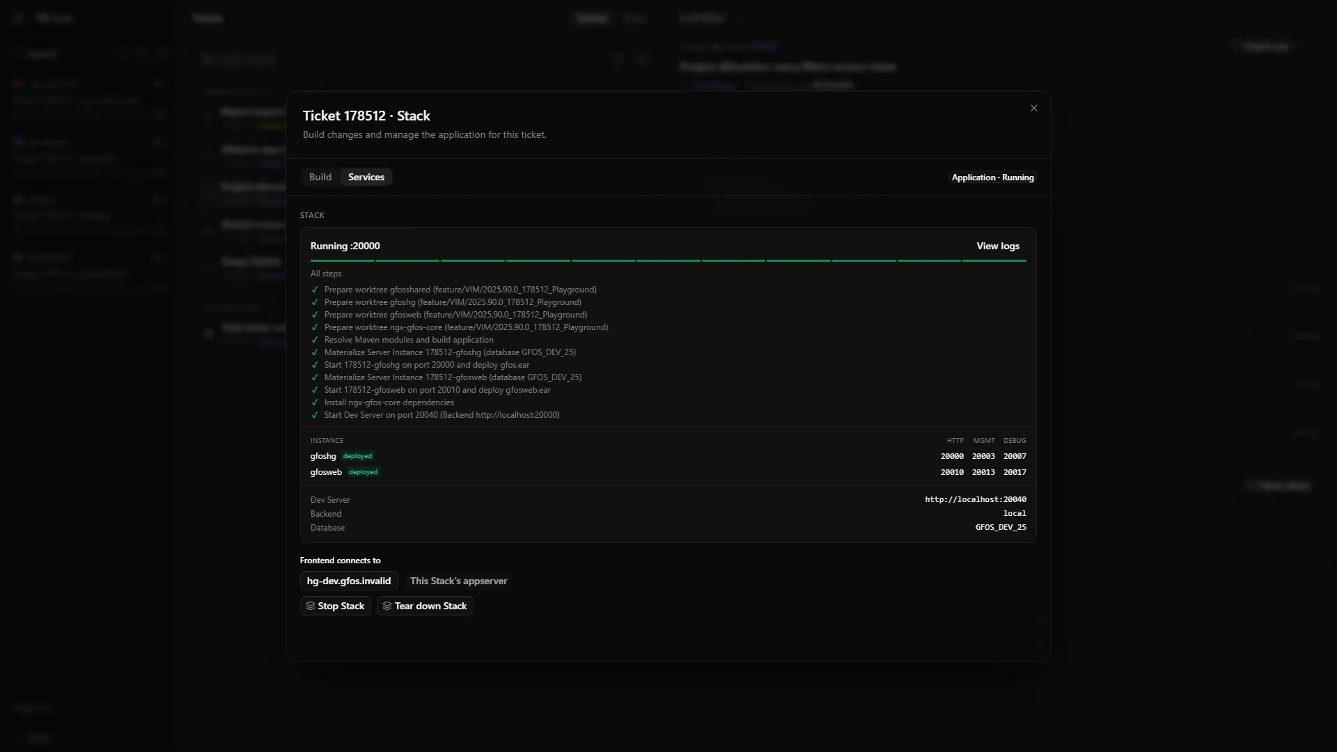 GFOS Code Services view with two isolated application servers, HTTP, management and debug ports, frontend dev server, and backend selection