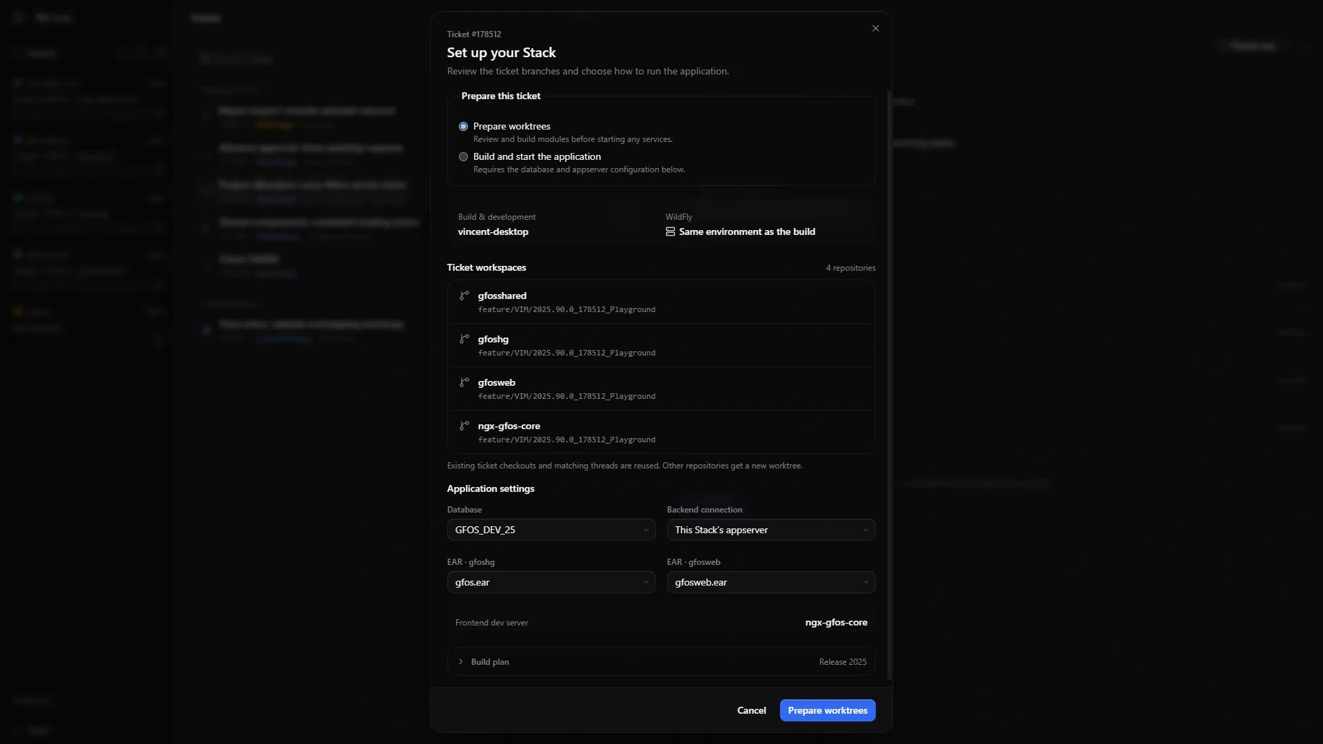 GFOS Code Stack setup reviewing four ticket repositories, worktree preparation, release, database, backend connection, and deployable EARs