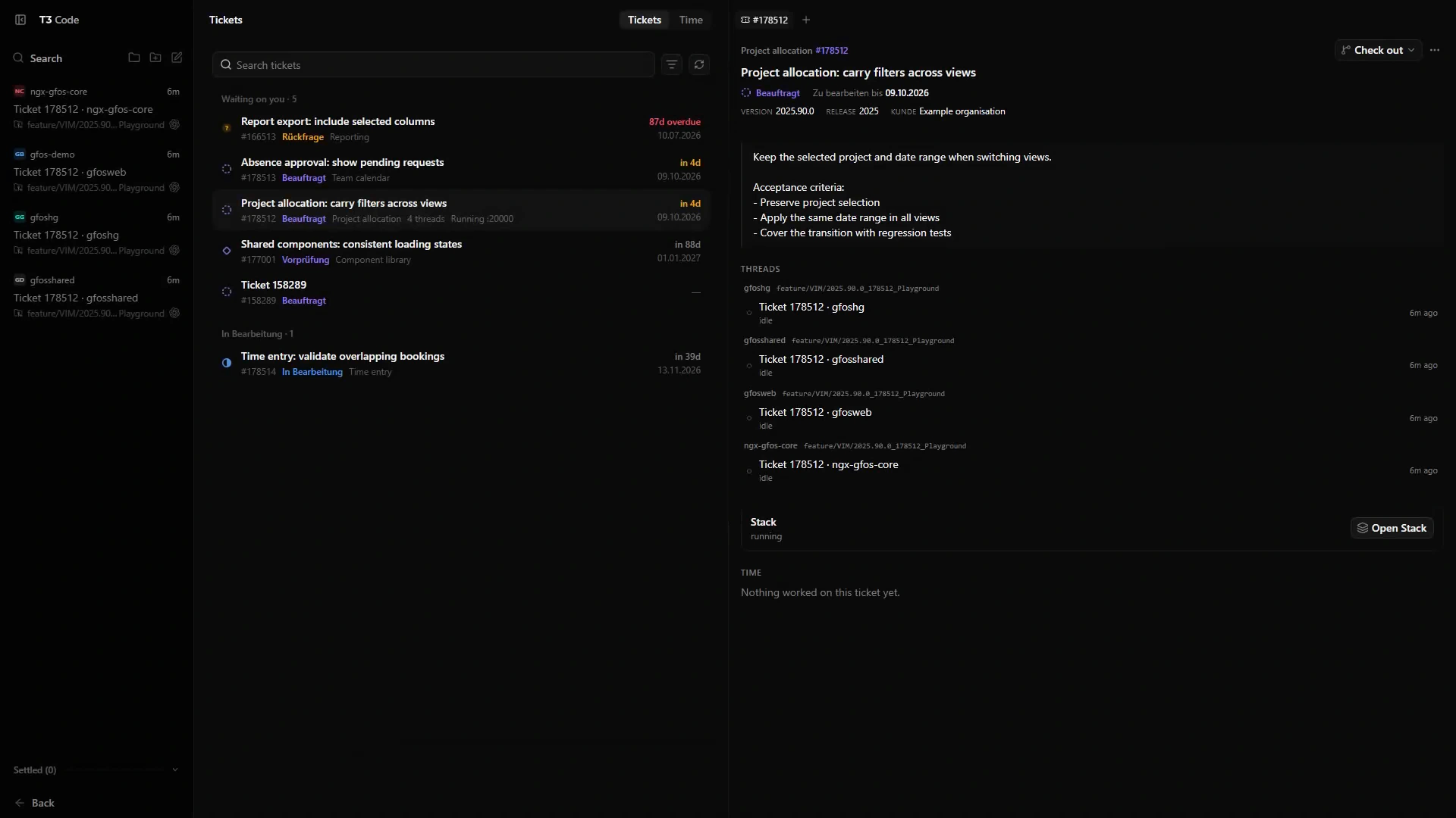 GFOS Code ticket workspace showing acceptance criteria, four repository threads, release context, and the running ticket Stack