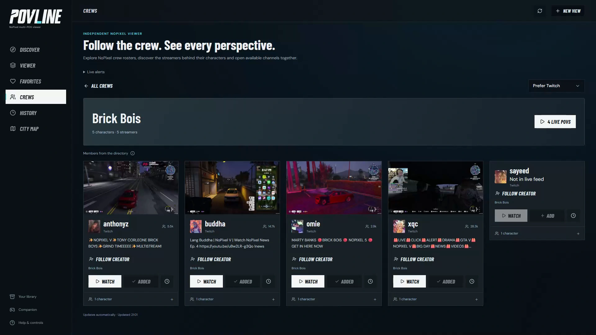 POVLINE’s Brick Bois roster with five creators, four available live perspectives, stream previews, and controls for following or opening the crew together.