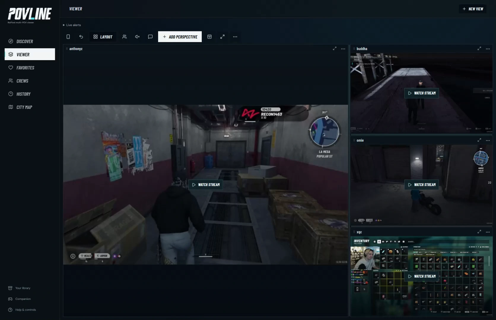 POVLINE’s Brick Bois viewer with anthonyz as the main perspective and live-channel previews from buddha, omie, and xqc stacked alongside.
