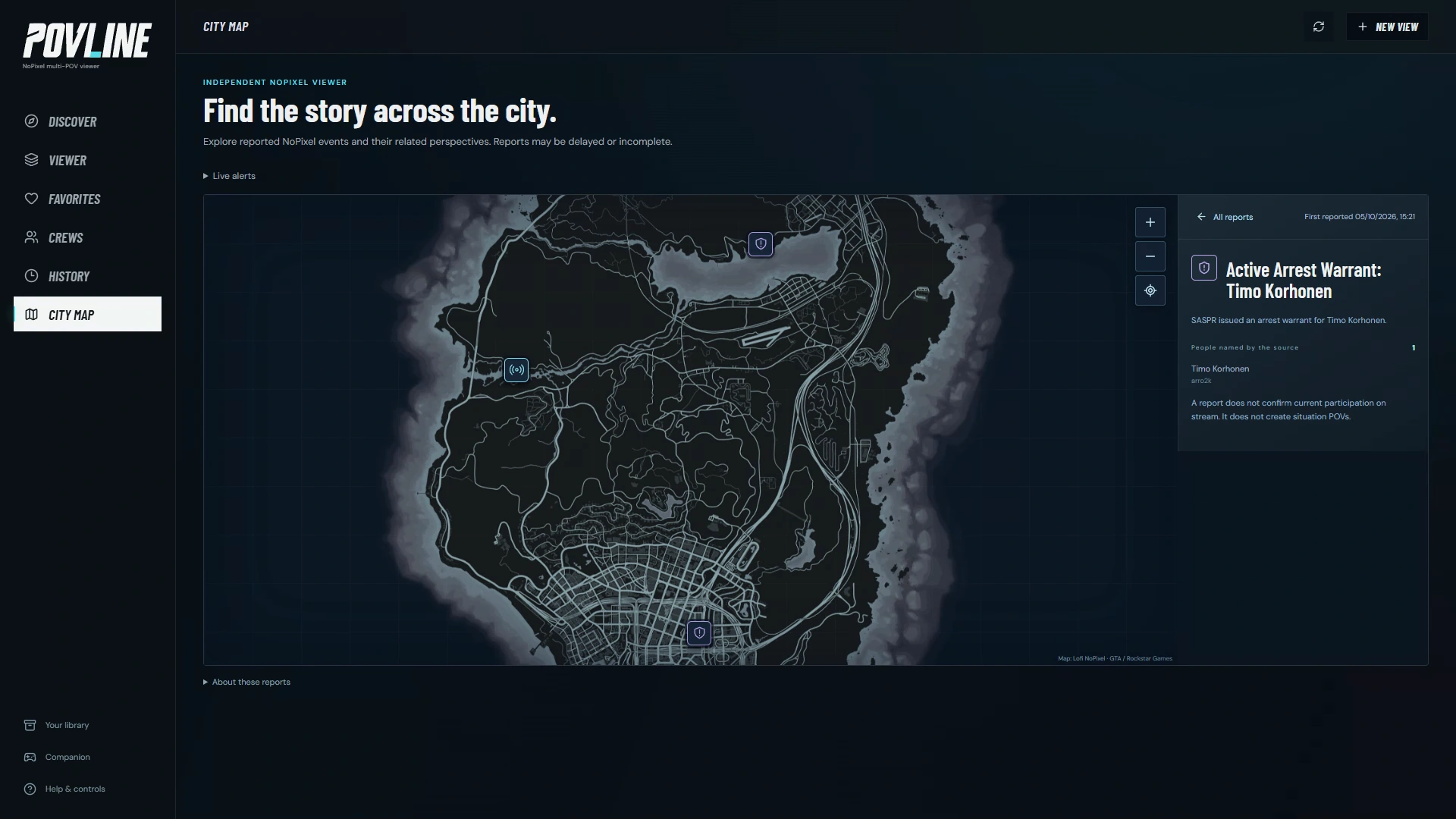 POVLINE’s actual Los Santos map with a selected reported incident and participant details.