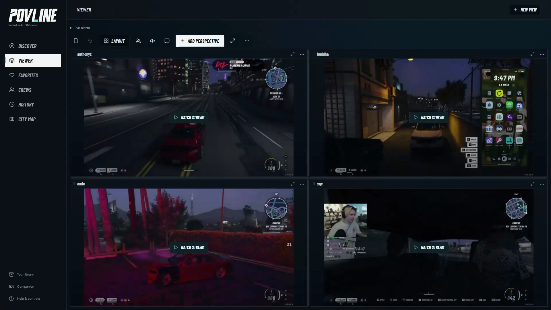 POVLINE’s equal-tile layout with four Brick Bois Twitch channel previews from anthonyz, buddha, omie, and xqc.